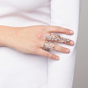 Crystal Ornate Two Finger Ring in Silver